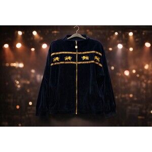 VTG 80s Velour Jacket Lion Embroidered Blue Gold USA Women L Glam Rock Festival